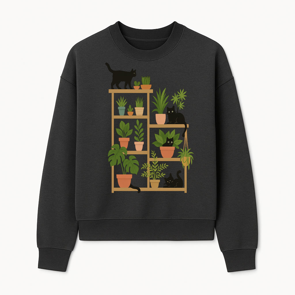 Black Cat and Plant Wall Art, Indoor Nature Decor, Minimalist Greenery Print, Cute Cat Lover Wall Hanging, Home Office Decoration - Sweatshirt 1758473792091.jpg