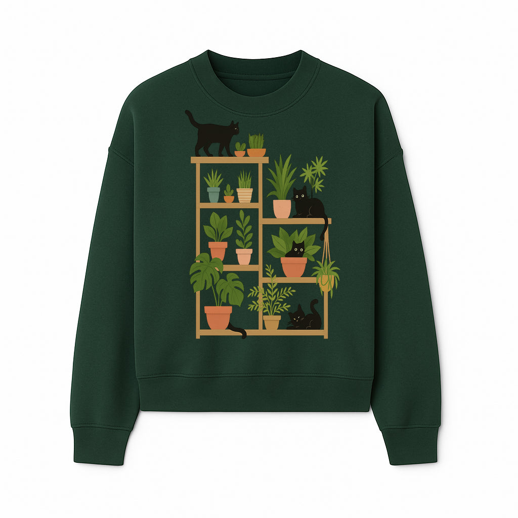Black Cat and Plant Wall Art, Indoor Nature Decor, Minimalist Greenery Print, Cute Cat Lover Wall Hanging, Home Office Decoration - Sweatshirt 1758473792219.jpg
