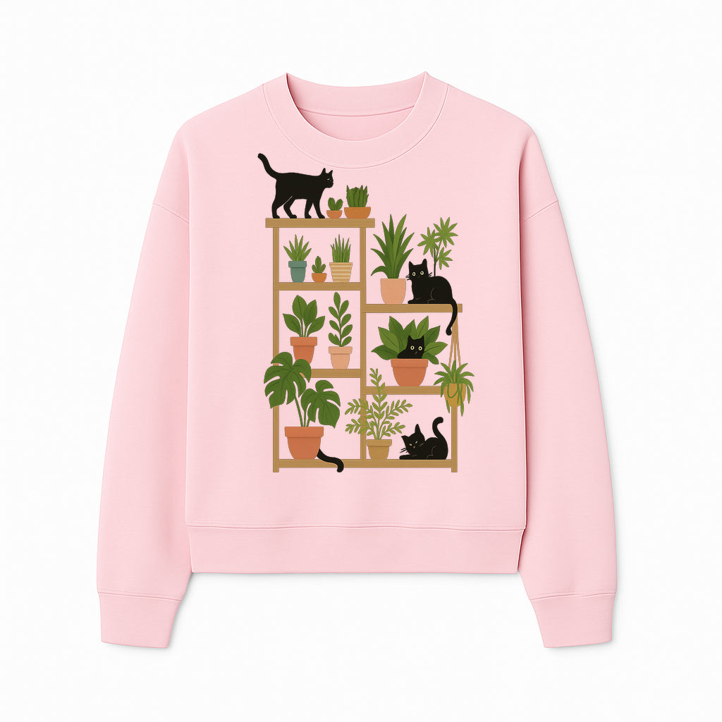 Black Cat and Plant Wall Art, Indoor Nature Decor, Minimalist Greenery Print, Cute Cat Lover Wall Hanging, Home Office Decoration - Sweatshirt 1758473792629.jpg