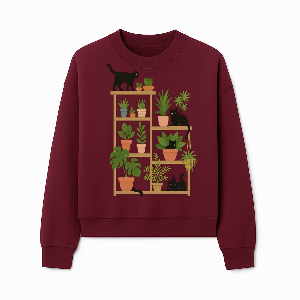 Black Cat and Plant Wall Art, Indoor Nature Decor, Minimalist Greenery Print, Cute Cat Lover Wall Hanging, Home Office Decoration - Sweatshirt 1758473792747.jpg