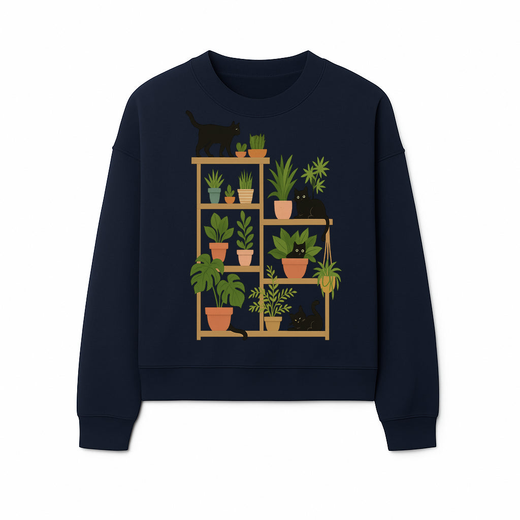 Black Cat and Plant Wall Art, Indoor Nature Decor, Minimalist Greenery Print, Cute Cat Lover Wall Hanging, Home Office Decoration - Sweatshirt 1758473792862.jpg