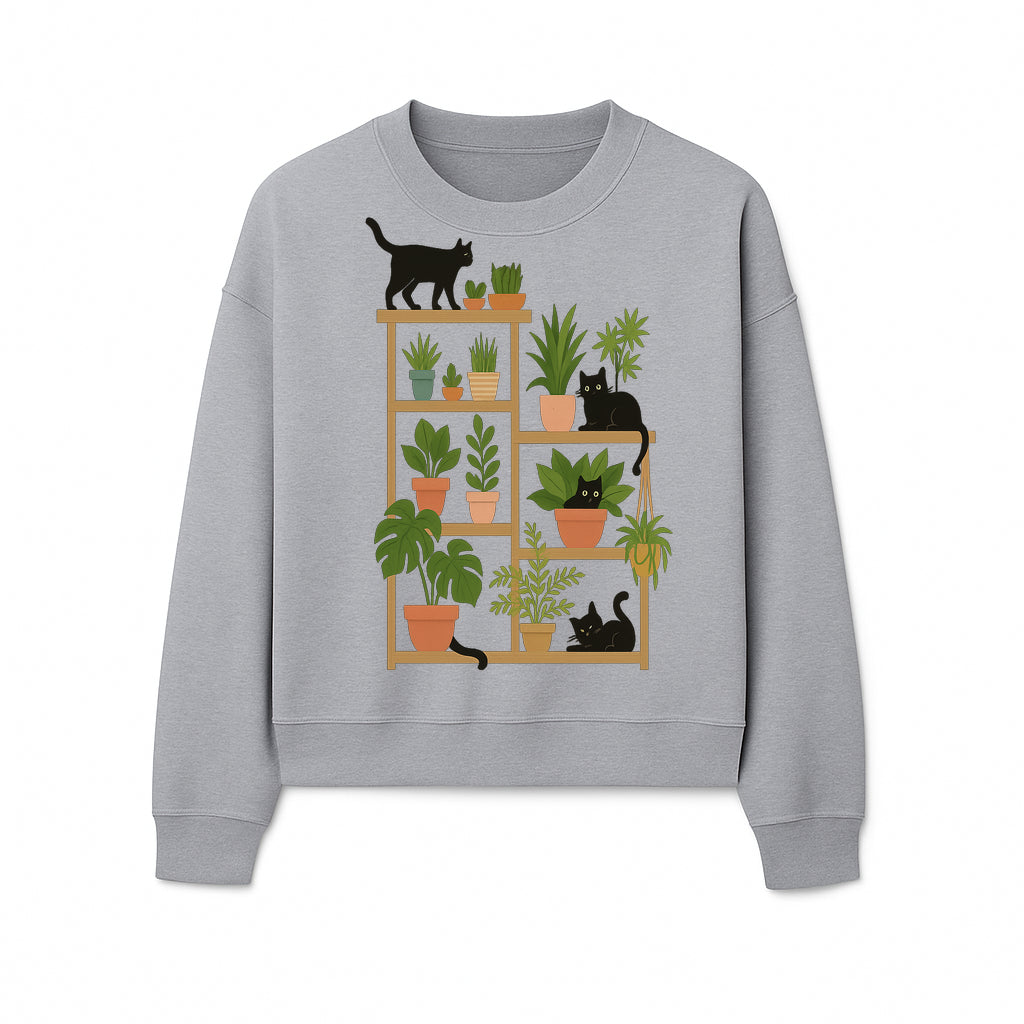 Black Cat and Plant Wall Art, Indoor Nature Decor, Minimalist Greenery Print, Cute Cat Lover Wall Hanging, Home Office Decoration - Sweatshirt 1758473793113.jpg