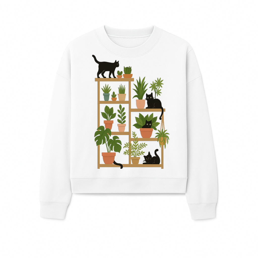 Black Cat and Plant Wall Art, Indoor Nature Decor, Minimalist Greenery Print, Cute Cat Lover Wall Hanging, Home Office Decoration - Sweatshirt 1758473793244.jpg