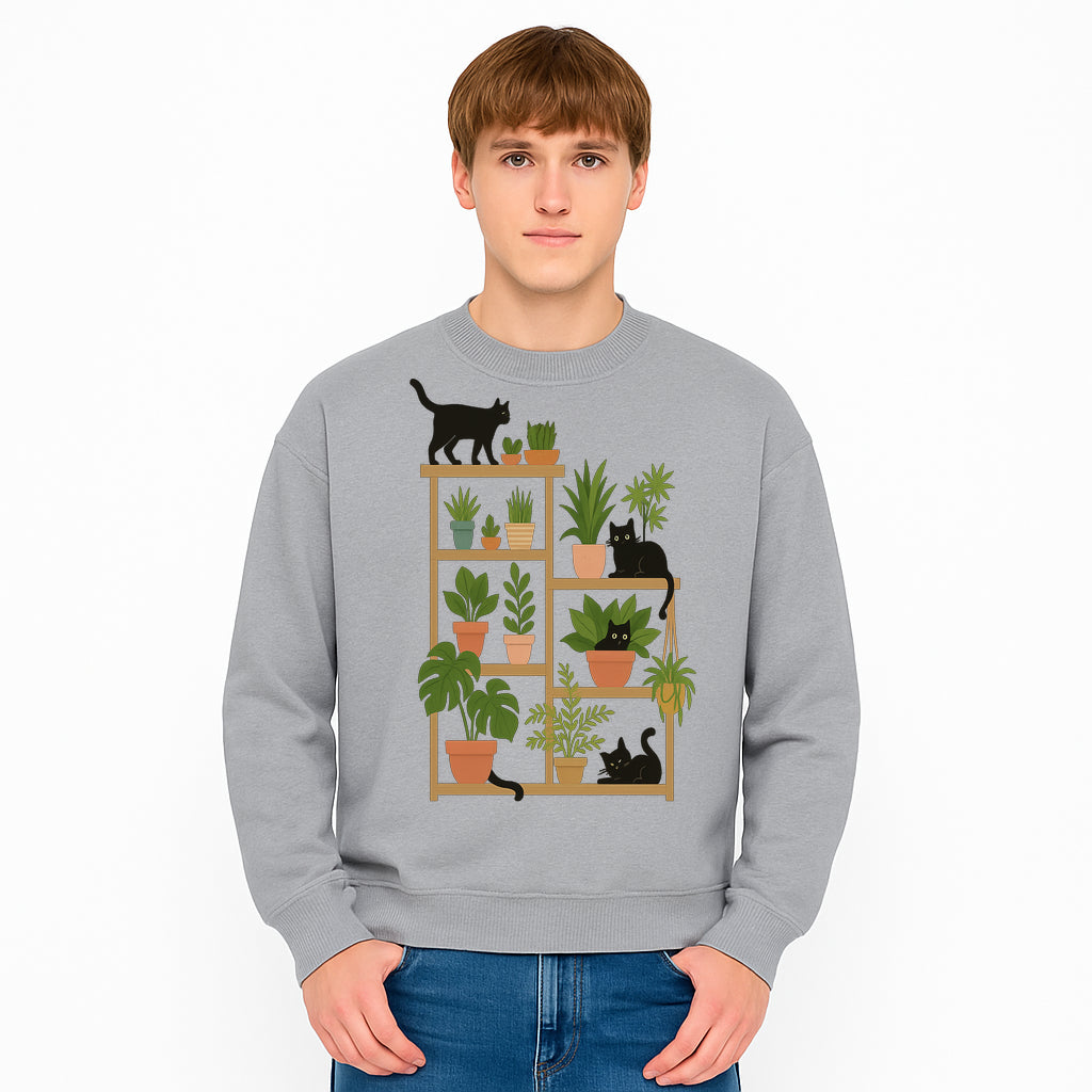 Black Cat and Plant Wall Art, Indoor Nature Decor, Minimalist Greenery Print, Cute Cat Lover Wall Hanging, Home Office Decoration - Sweatshirt 1758473794358.jpg