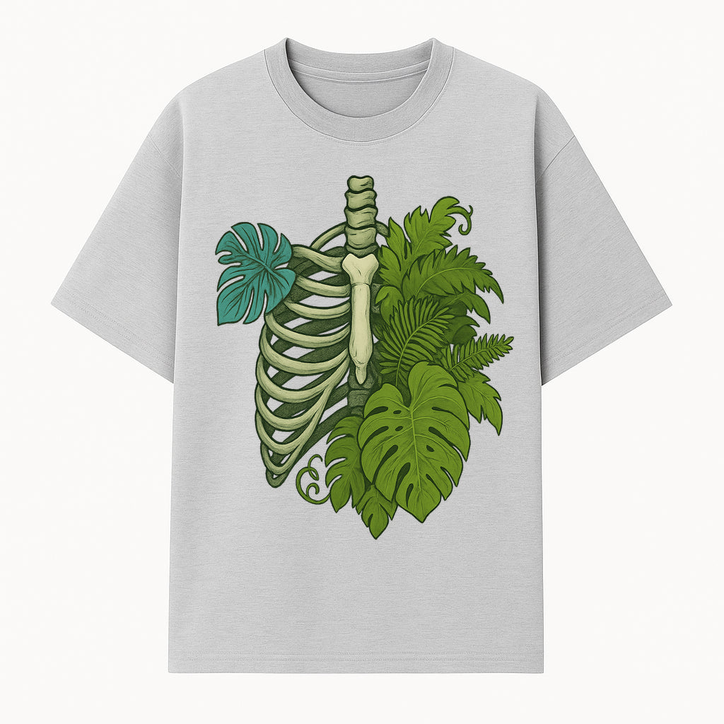 Botanical Skull and Ribcage Art Print | Nature-Inspired Home Decor | Unique Skeleton Illustration with Tropical Leaves - T-shirt 1758473801845.jpg