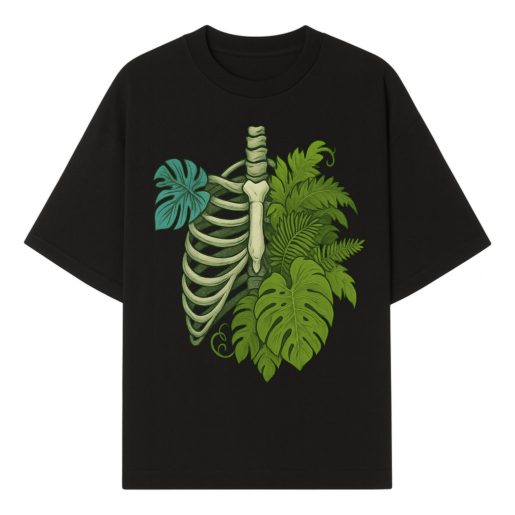 Botanical Skull and Ribcage Art Print | Nature-Inspired Home Decor | Unique Skeleton Illustration with Tropical Leaves - T-shirt 1758473801984.jpg