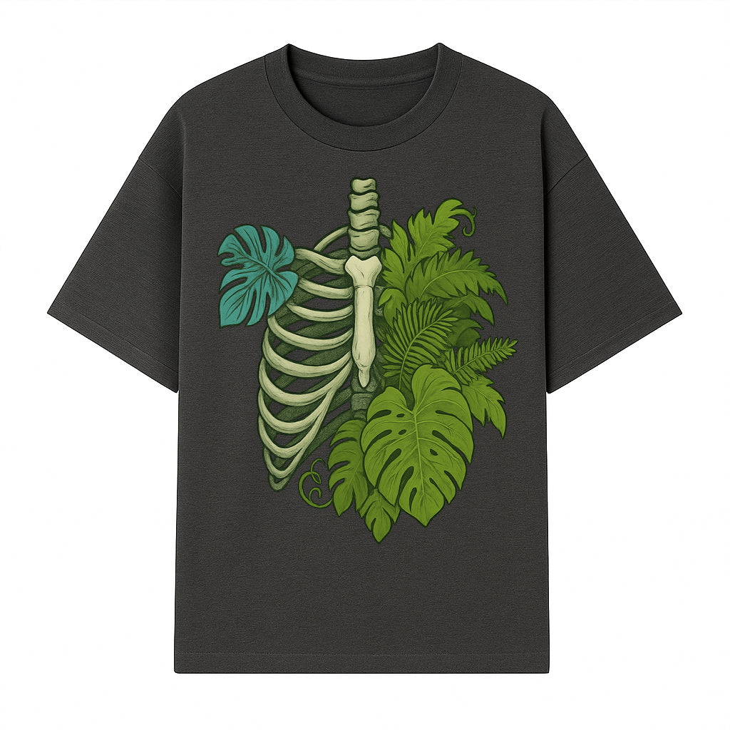 Botanical Skull and Ribcage Art Print | Nature-Inspired Home Decor | Unique Skeleton Illustration with Tropical Leaves - T-shirt 1758473802103.jpg
