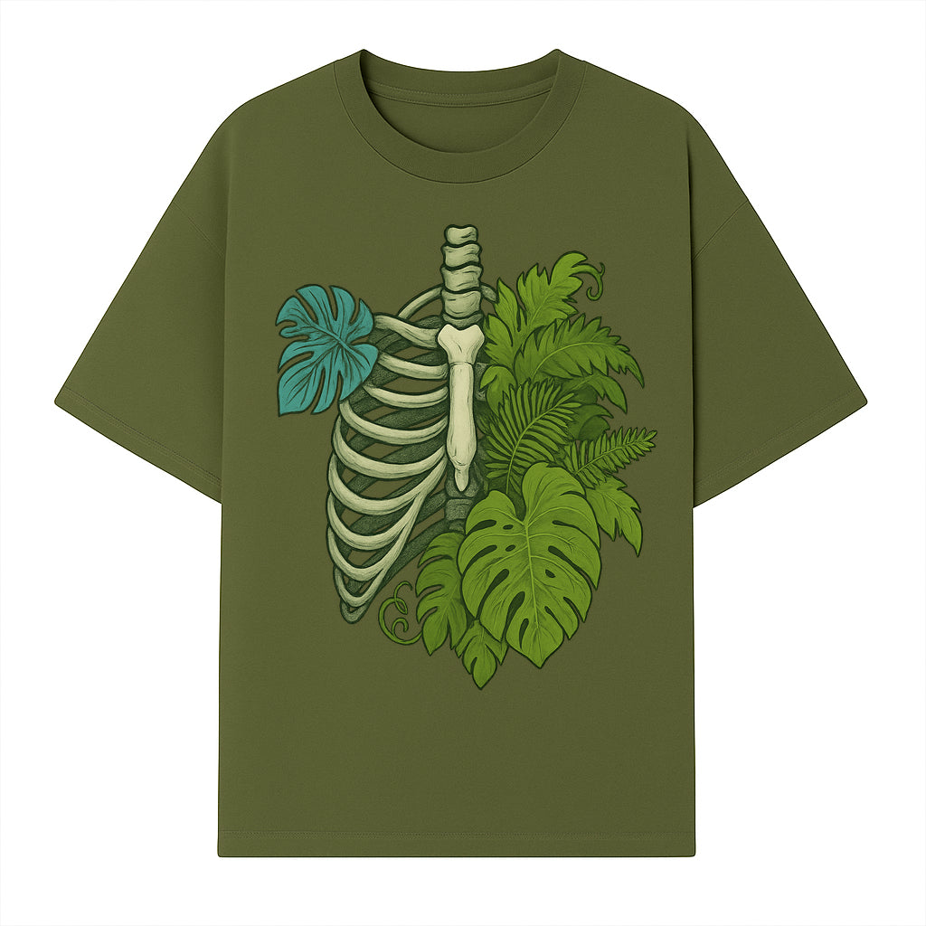 Botanical Skull and Ribcage Art Print | Nature-Inspired Home Decor | Unique Skeleton Illustration with Tropical Leaves - T-shirt 1758473802229.jpg