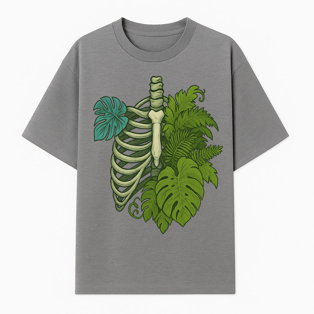 Botanical Skull and Ribcage Art Print | Nature-Inspired Home Decor | Unique Skeleton Illustration with Tropical Leaves - T-shirt 1758473802321.jpg