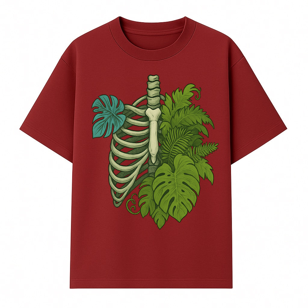 Botanical Skull and Ribcage Art Print | Nature-Inspired Home Decor | Unique Skeleton Illustration with Tropical Leaves - T-shirt 1758473802680.jpg