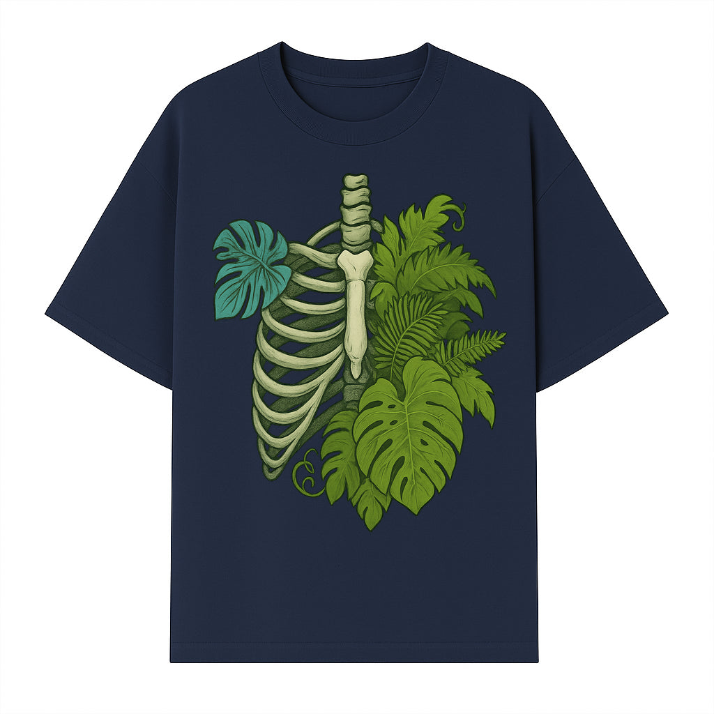 Botanical Skull and Ribcage Art Print | Nature-Inspired Home Decor | Unique Skeleton Illustration with Tropical Leaves - T-shirt 1758473802811.jpg