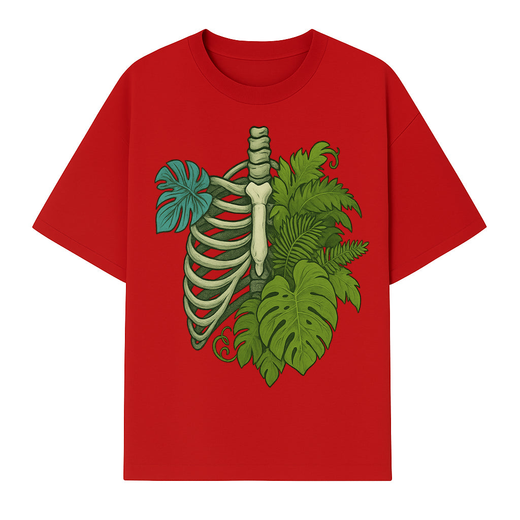 Botanical Skull and Ribcage Art Print | Nature-Inspired Home Decor | Unique Skeleton Illustration with Tropical Leaves - T-shirt 1758473802935.jpg