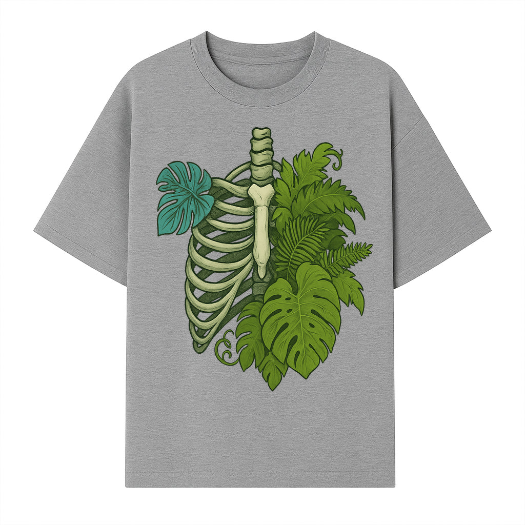 Botanical Skull and Ribcage Art Print | Nature-Inspired Home Decor | Unique Skeleton Illustration with Tropical Leaves - T-shirt 1758473803056.jpg