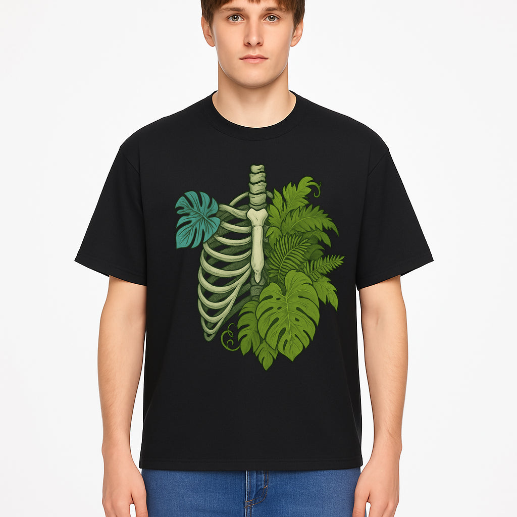 Botanical Skull and Ribcage Art Print | Nature-Inspired Home Decor | Unique Skeleton Illustration with Tropical Leaves - T-shirt 1758473804316.jpg