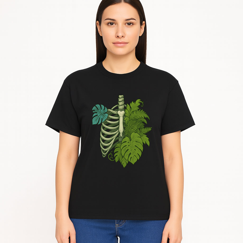 Botanical Skull and Ribcage Art Print | Nature-Inspired Home Decor | Unique Skeleton Illustration with Tropical Leaves - T-shirt 1758473804447.jpg