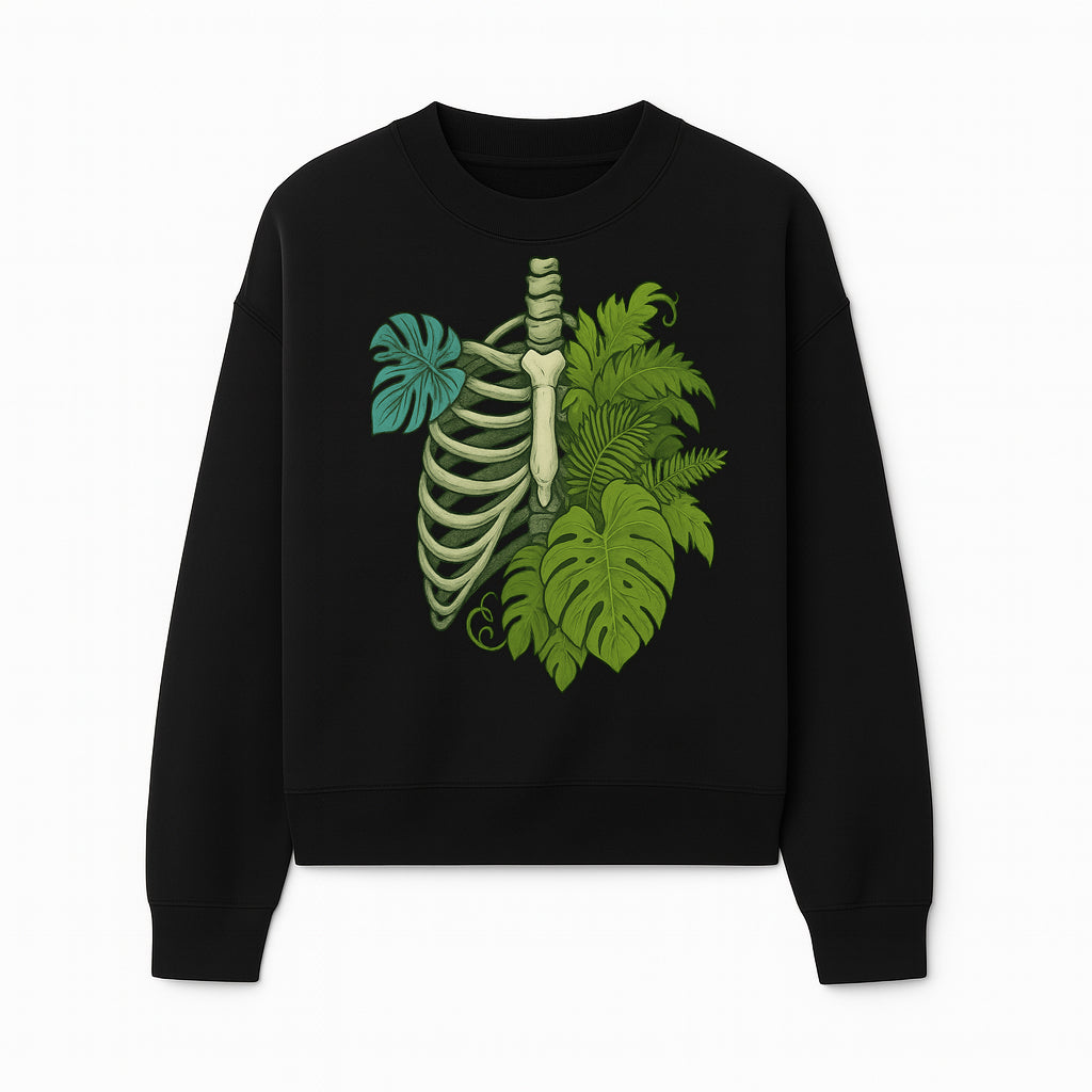 Botanical Skull and Ribcage Art Print | Nature-Inspired Home Decor | Unique Skeleton Illustration with Tropical Leaves - Sweatshirt 1758473804813.jpg
