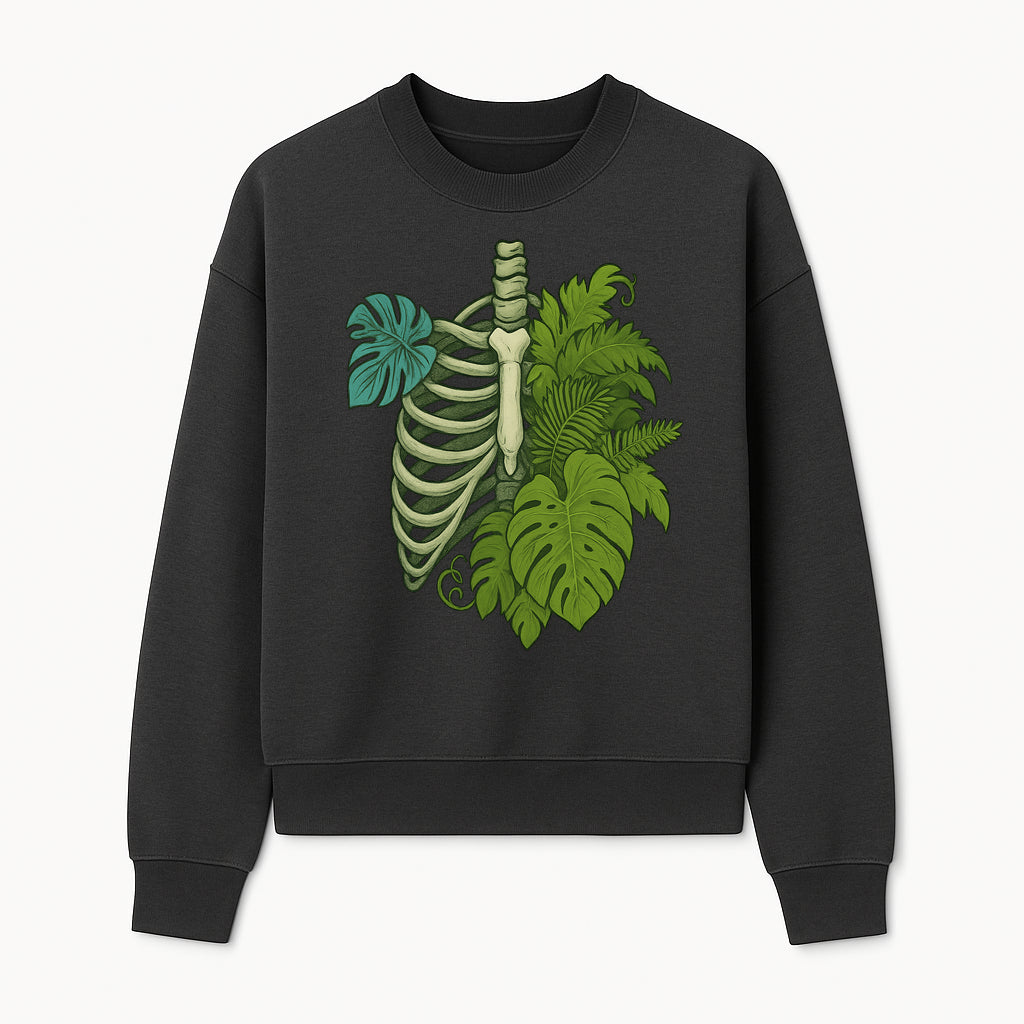 Botanical Skull and Ribcage Art Print | Nature-Inspired Home Decor | Unique Skeleton Illustration with Tropical Leaves - Sweatshirt 1758473804960.jpg