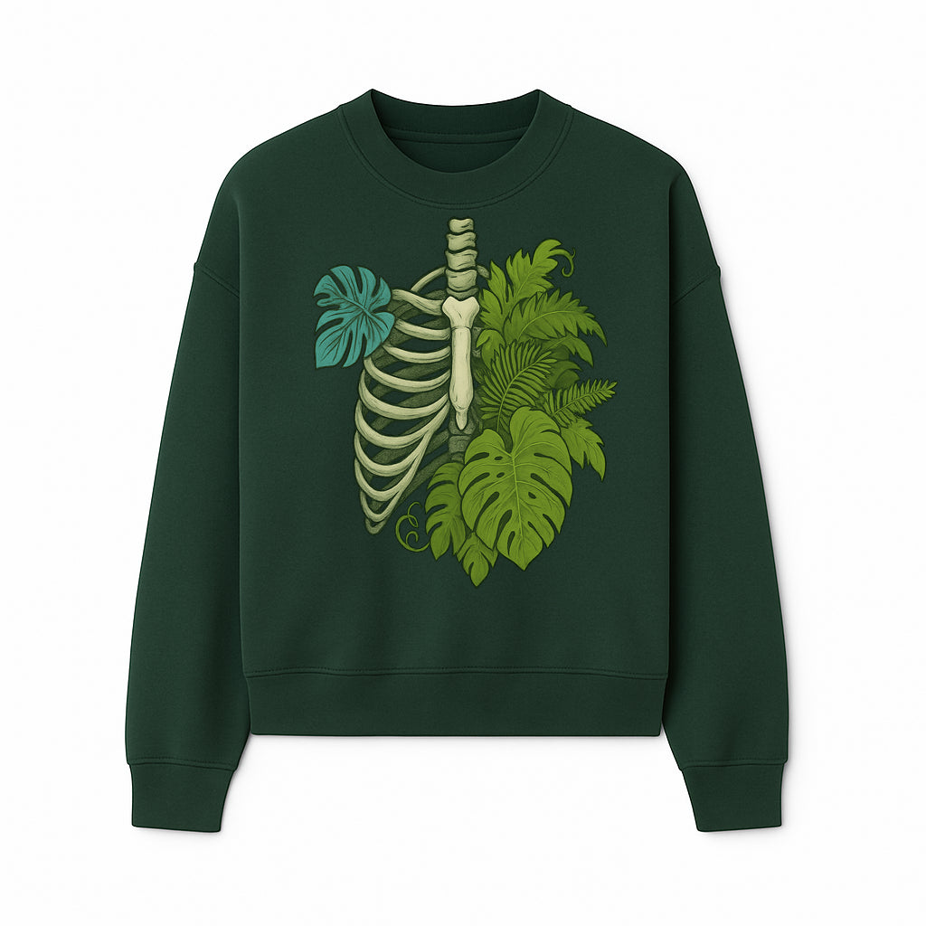 Botanical Skull and Ribcage Art Print | Nature-Inspired Home Decor | Unique Skeleton Illustration with Tropical Leaves - Sweatshirt 1758473805094.jpg