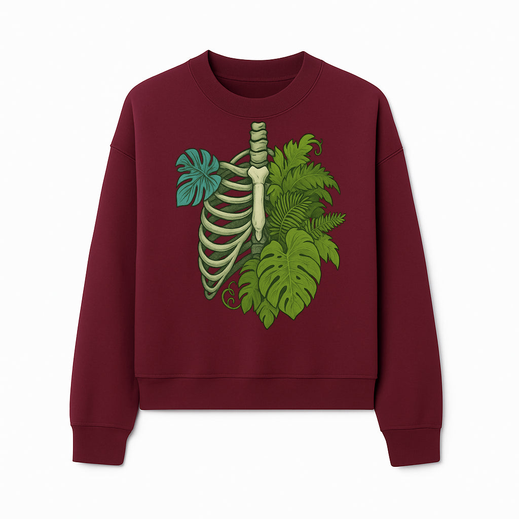Botanical Skull and Ribcage Art Print | Nature-Inspired Home Decor | Unique Skeleton Illustration with Tropical Leaves - Sweatshirt 1758473805632.jpg