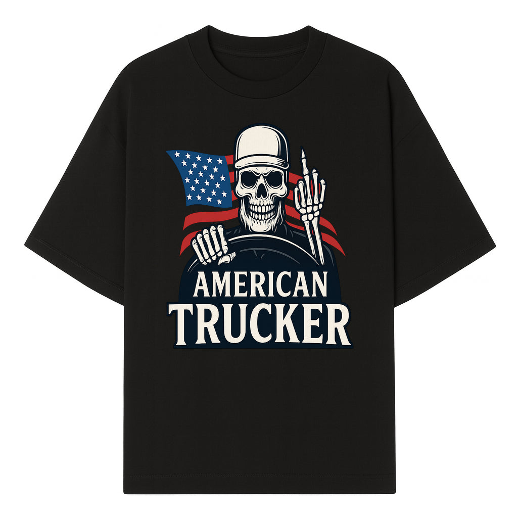 American Trucker Skeleton Graphic Tee - Bold Skull Design with Flag Print for Truck Drivers and Cycling Enthusiasts - T-shirt 1758556407121.jpg