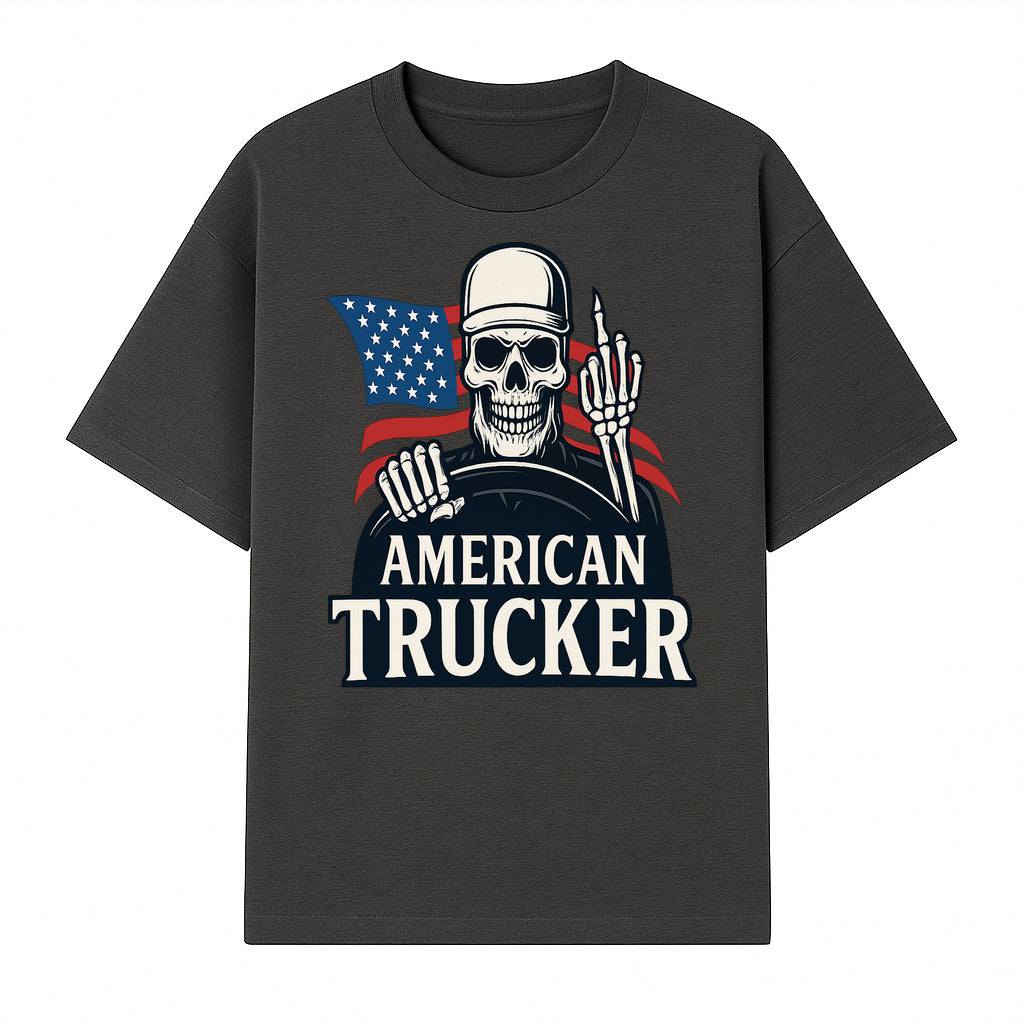 American Trucker Skeleton Graphic Tee - Bold Skull Design with Flag Print for Truck Drivers and Cycling Enthusiasts - T-shirt 1758556407241.jpg