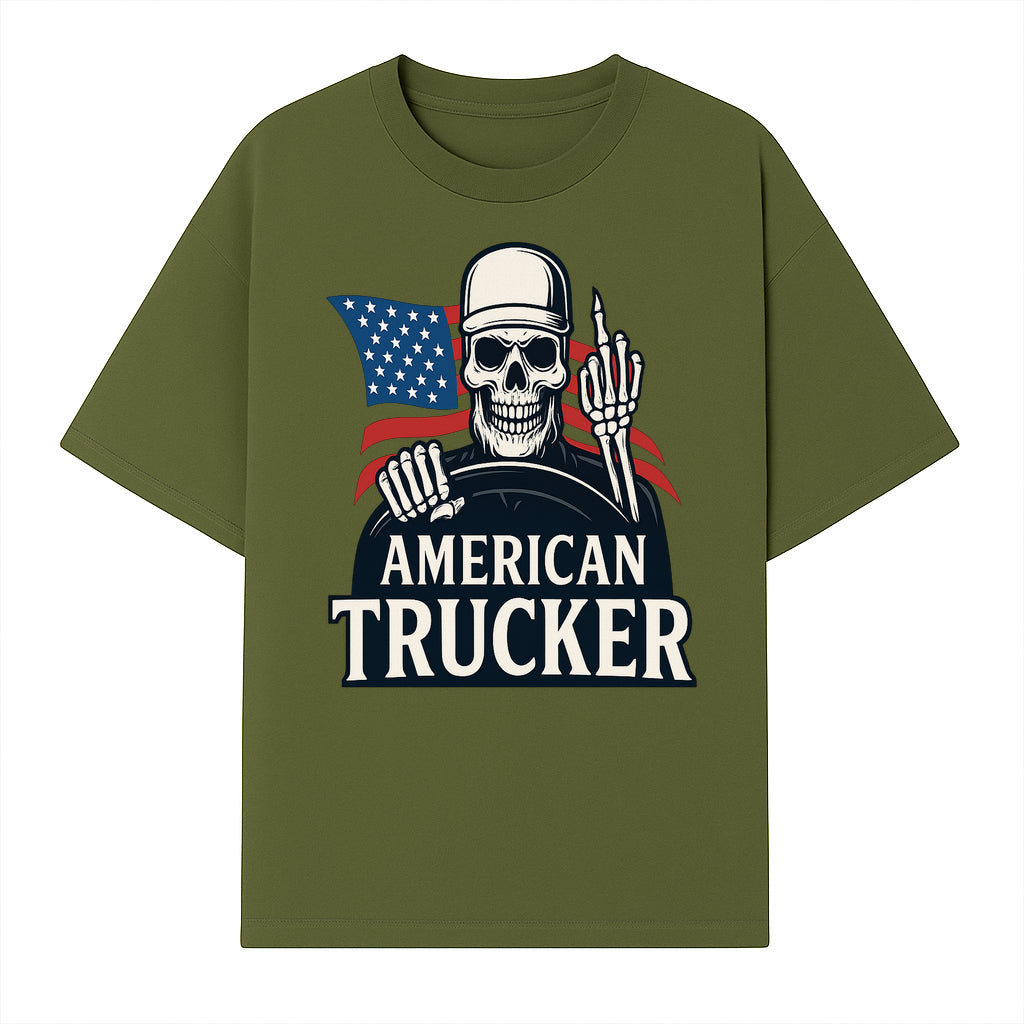 American Trucker Skeleton Graphic Tee - Bold Skull Design with Flag Print for Truck Drivers and Cycling Enthusiasts - T-shirt 1758556407383.jpg