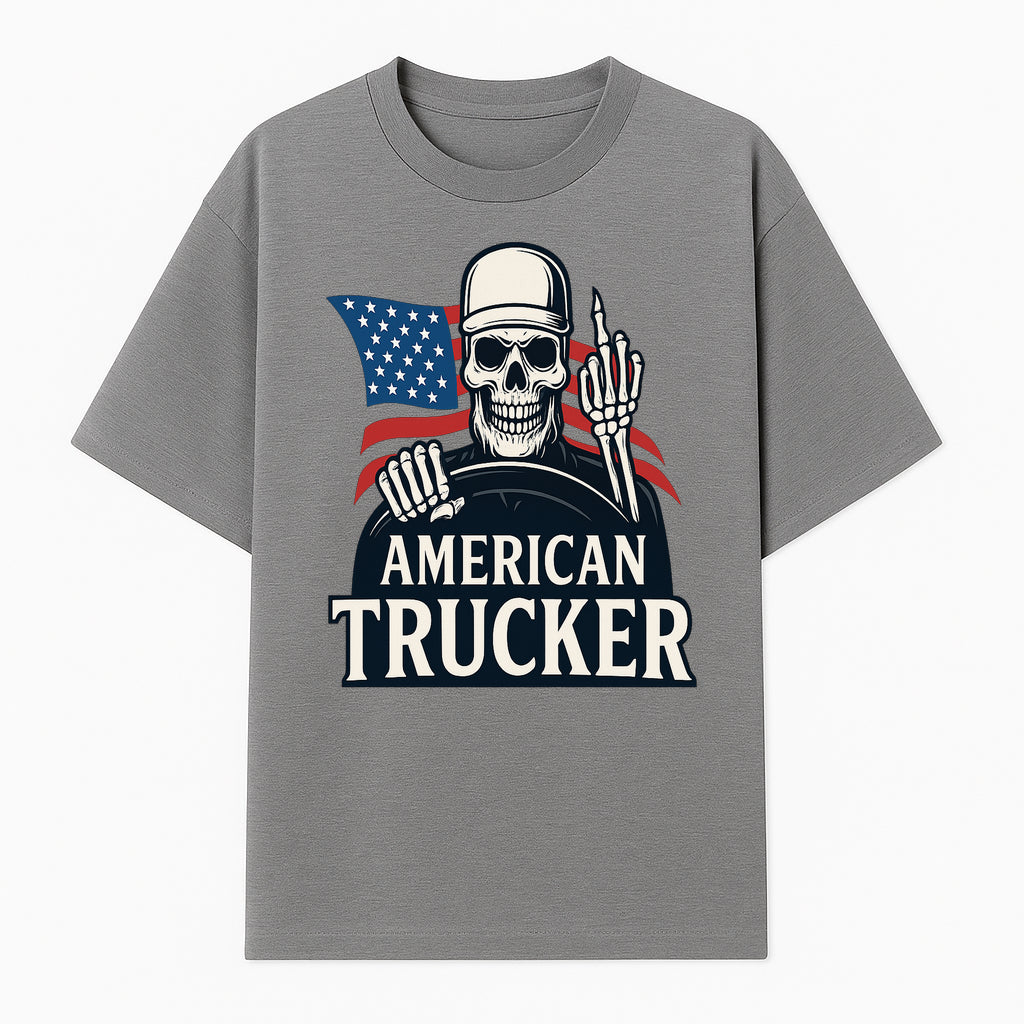 American Trucker Skeleton Graphic Tee - Bold Skull Design with Flag Print for Truck Drivers and Cycling Enthusiasts - T-shirt 1758556407524.jpg