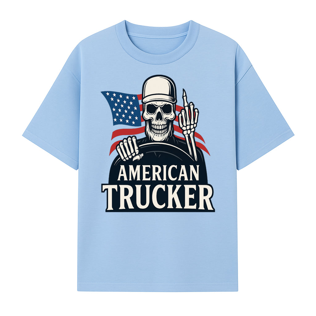 American Trucker Skeleton Graphic Tee - Bold Skull Design with Flag Print for Truck Drivers and Cycling Enthusiasts - T-shirt 1758556407664.jpg