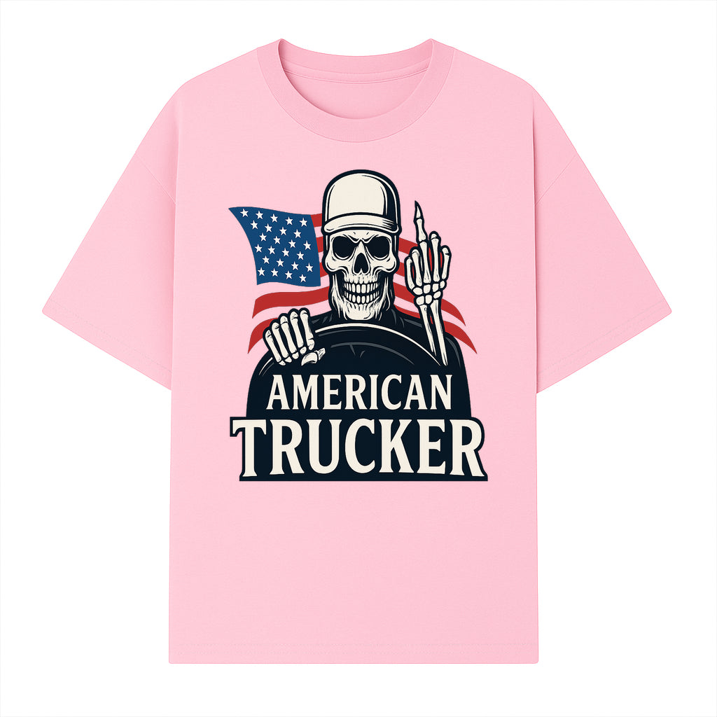 American Trucker Skeleton Graphic Tee - Bold Skull Design with Flag Print for Truck Drivers and Cycling Enthusiasts - T-shirt 1758556407795.jpg