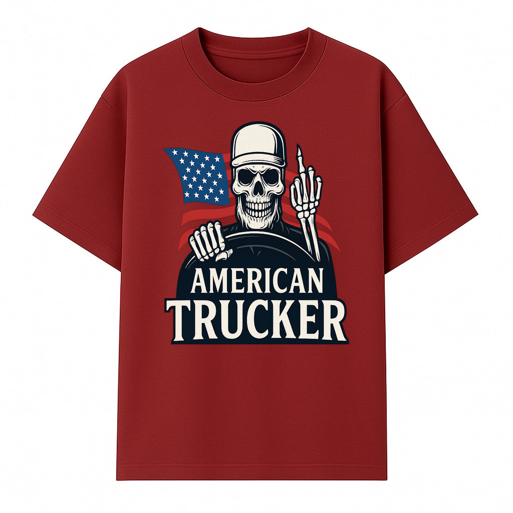 American Trucker Skeleton Graphic Tee - Bold Skull Design with Flag Print for Truck Drivers and Cycling Enthusiasts - T-shirt 1758556407908.jpg