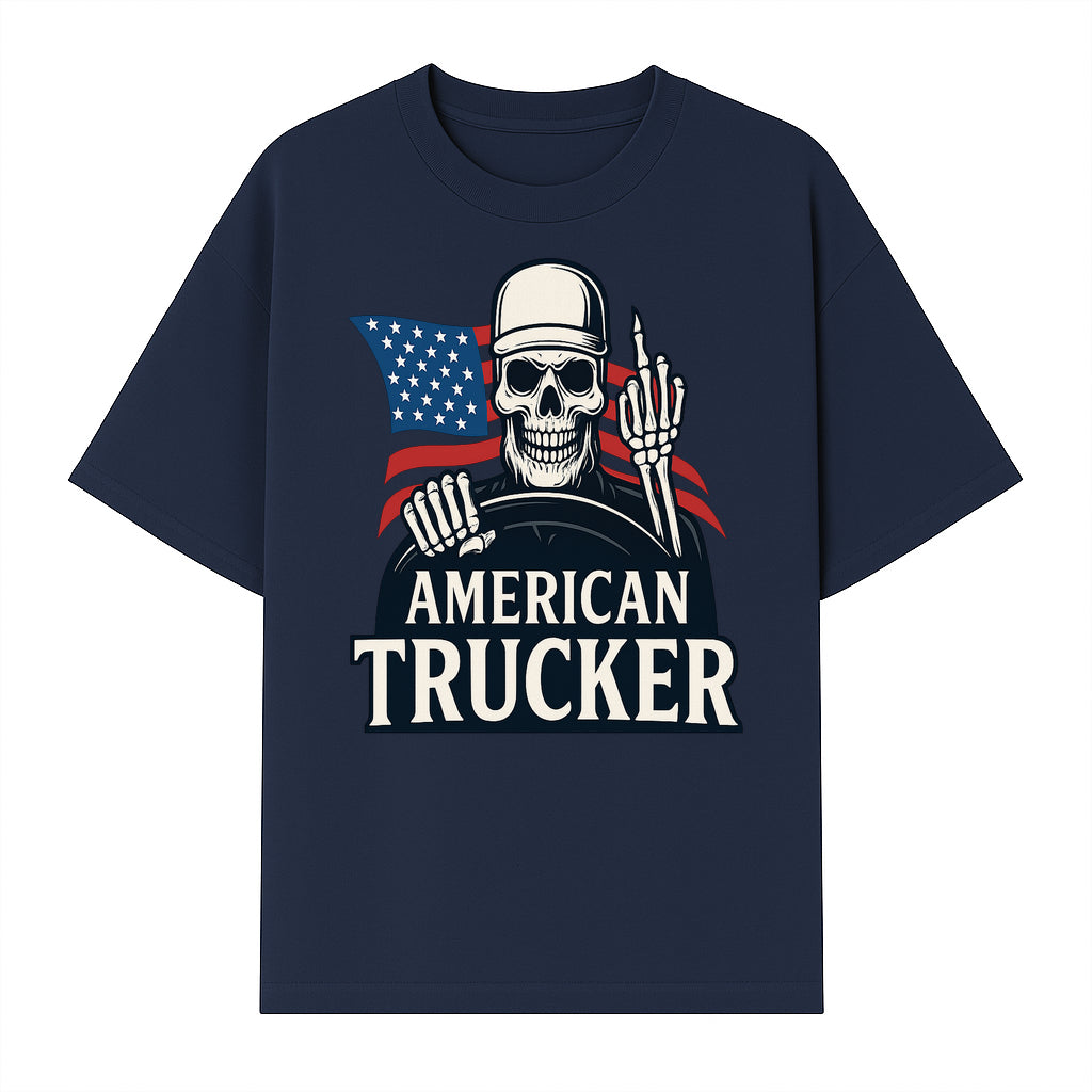 American Trucker Skeleton Graphic Tee - Bold Skull Design with Flag Print for Truck Drivers and Cycling Enthusiasts - T-shirt 1758556408017.jpg