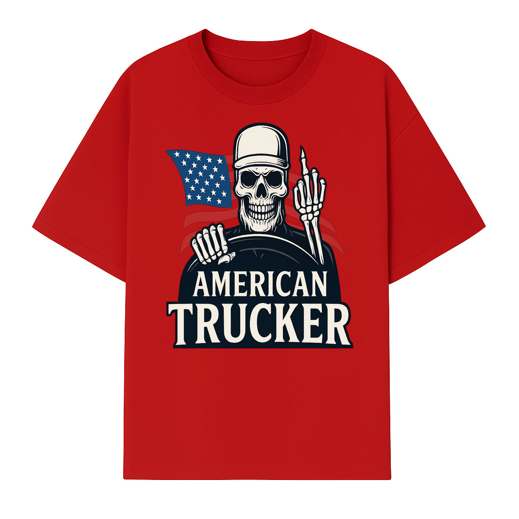 American Trucker Skeleton Graphic Tee - Bold Skull Design with Flag Print for Truck Drivers and Cycling Enthusiasts - T-shirt 1758556408172.jpg