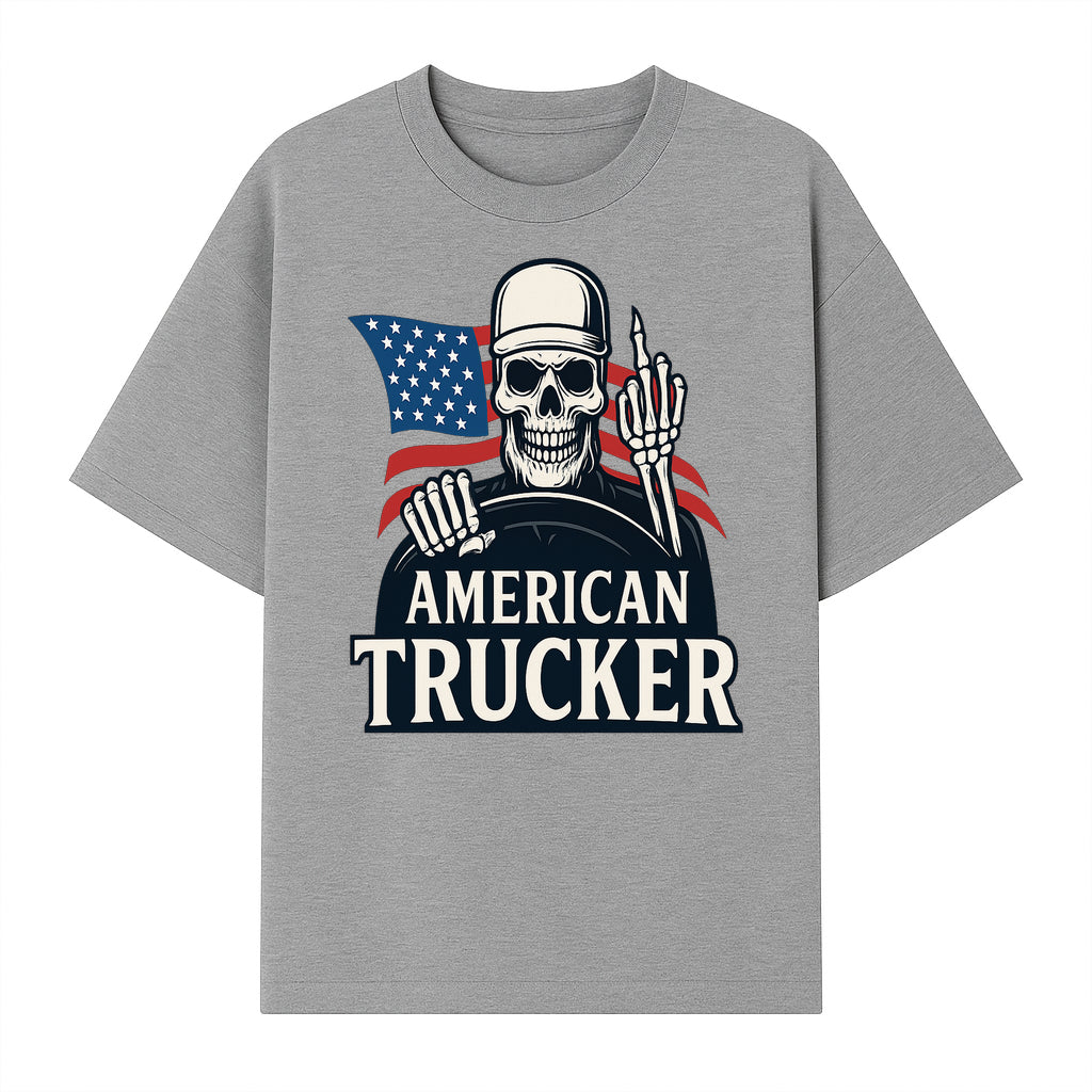 American Trucker Skeleton Graphic Tee - Bold Skull Design with Flag Print for Truck Drivers and Cycling Enthusiasts - T-shirt 1758556408300.jpg