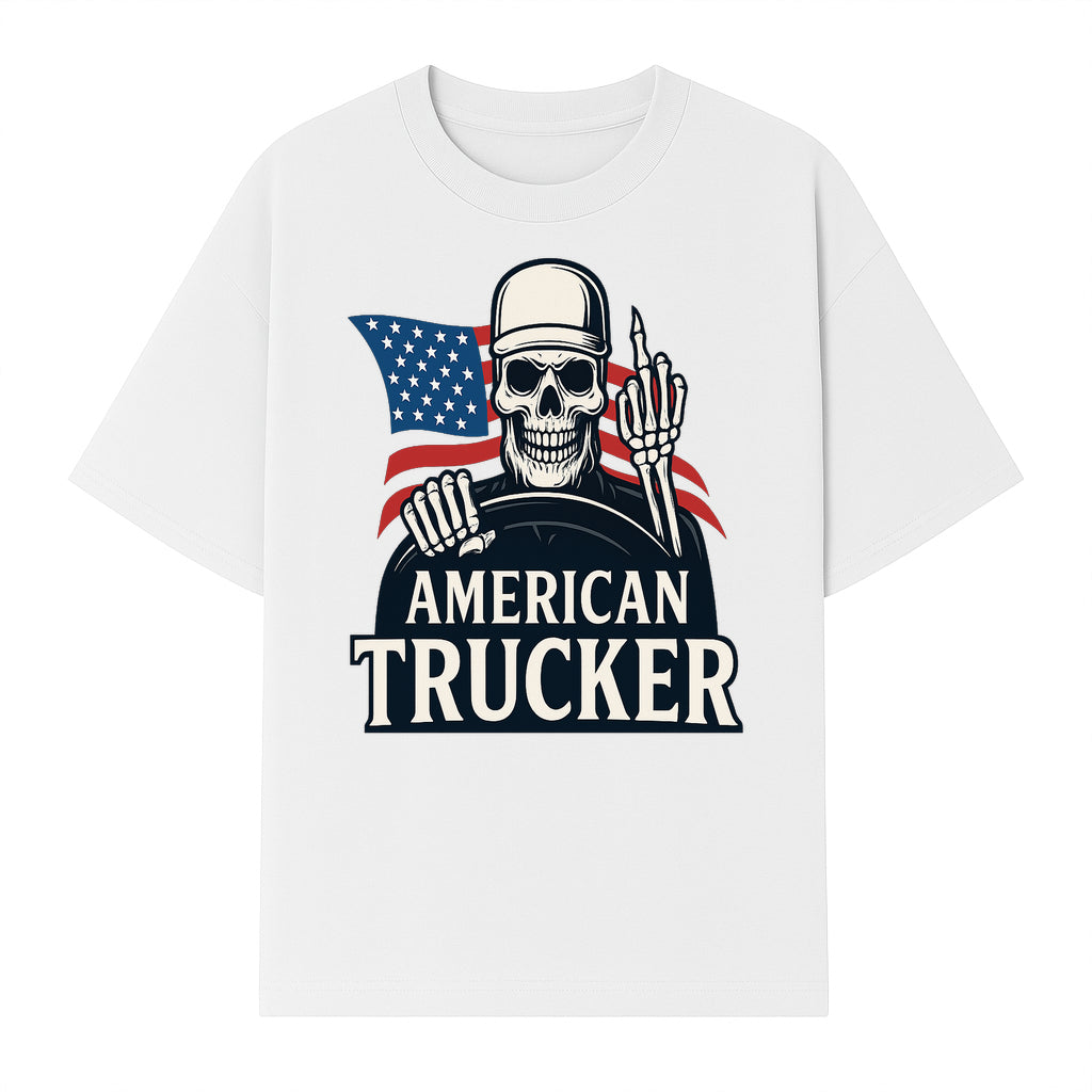 American Trucker Skeleton Graphic Tee - Bold Skull Design with Flag Print for Truck Drivers and Cycling Enthusiasts - T-shirt 1758556408433.jpg