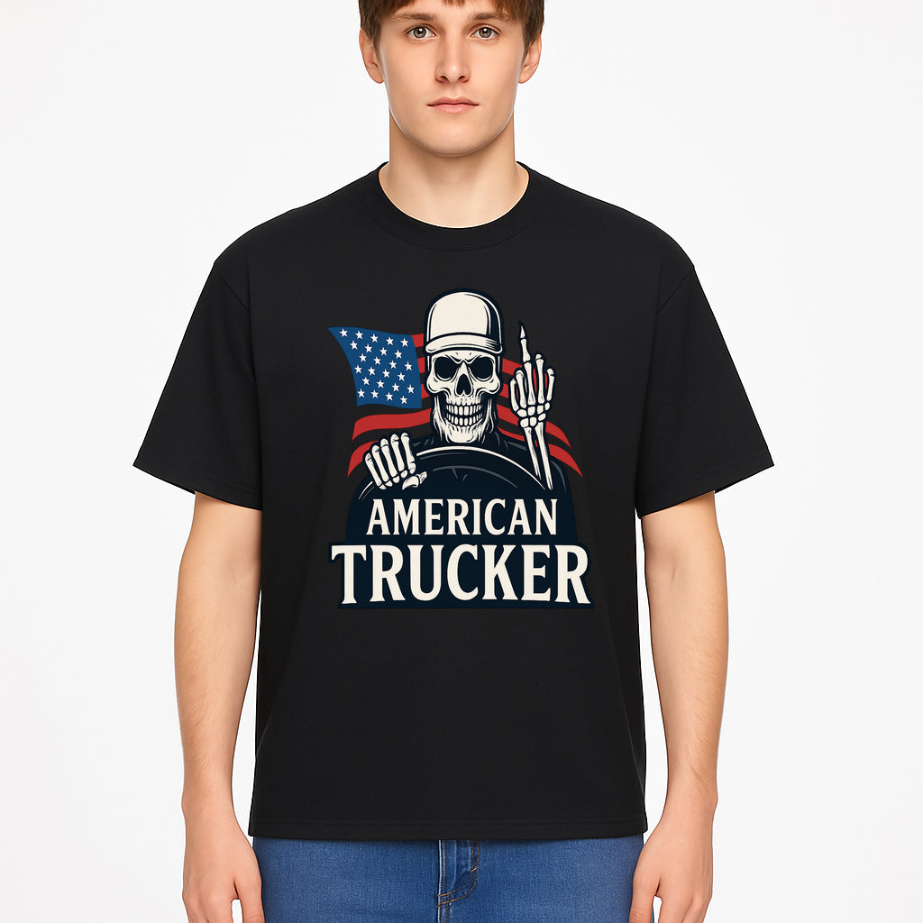 American Trucker Skeleton Graphic Tee - Bold Skull Design with Flag Print for Truck Drivers and Cycling Enthusiasts - T-shirt 1758556409556.jpg