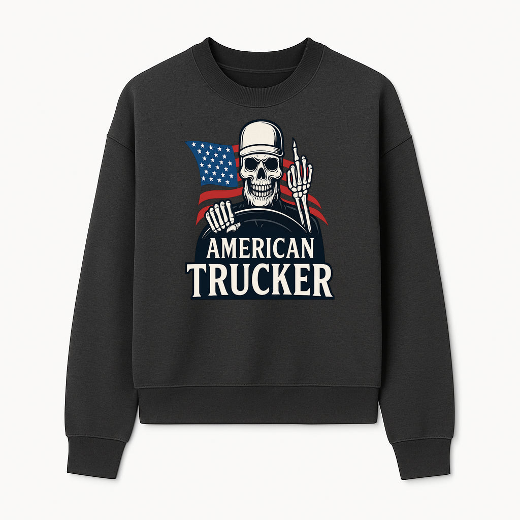 American Trucker Skeleton Graphic Tee - Bold Skull Design with Flag Print for Truck Drivers and Cycling Enthusiasts - Sweatshirt 1758556410117.jpg