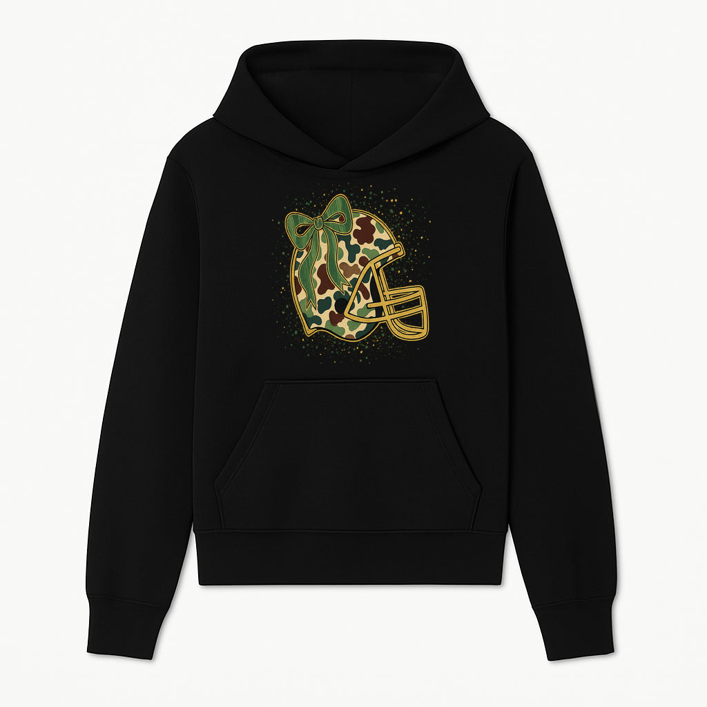 Camo Football Helmet with Bow Graphic Tee - Sports Apparel for Women, Cute Football Gift, Trendy Game Day Outfit - Hoodie 1758559974526.jpg