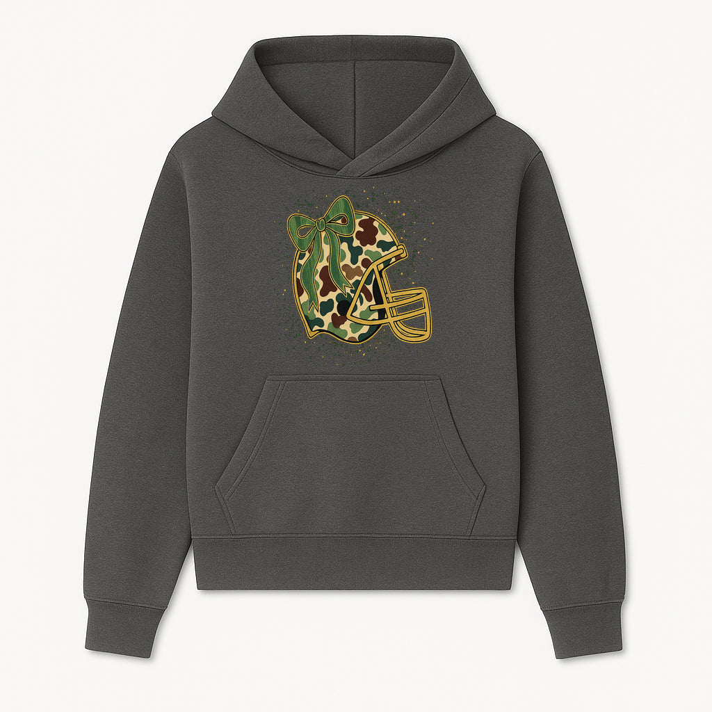 Camo Football Helmet with Bow Graphic Tee - Sports Apparel for Women, Cute Football Gift, Trendy Game Day Outfit - Hoodie 1758559974644.jpg