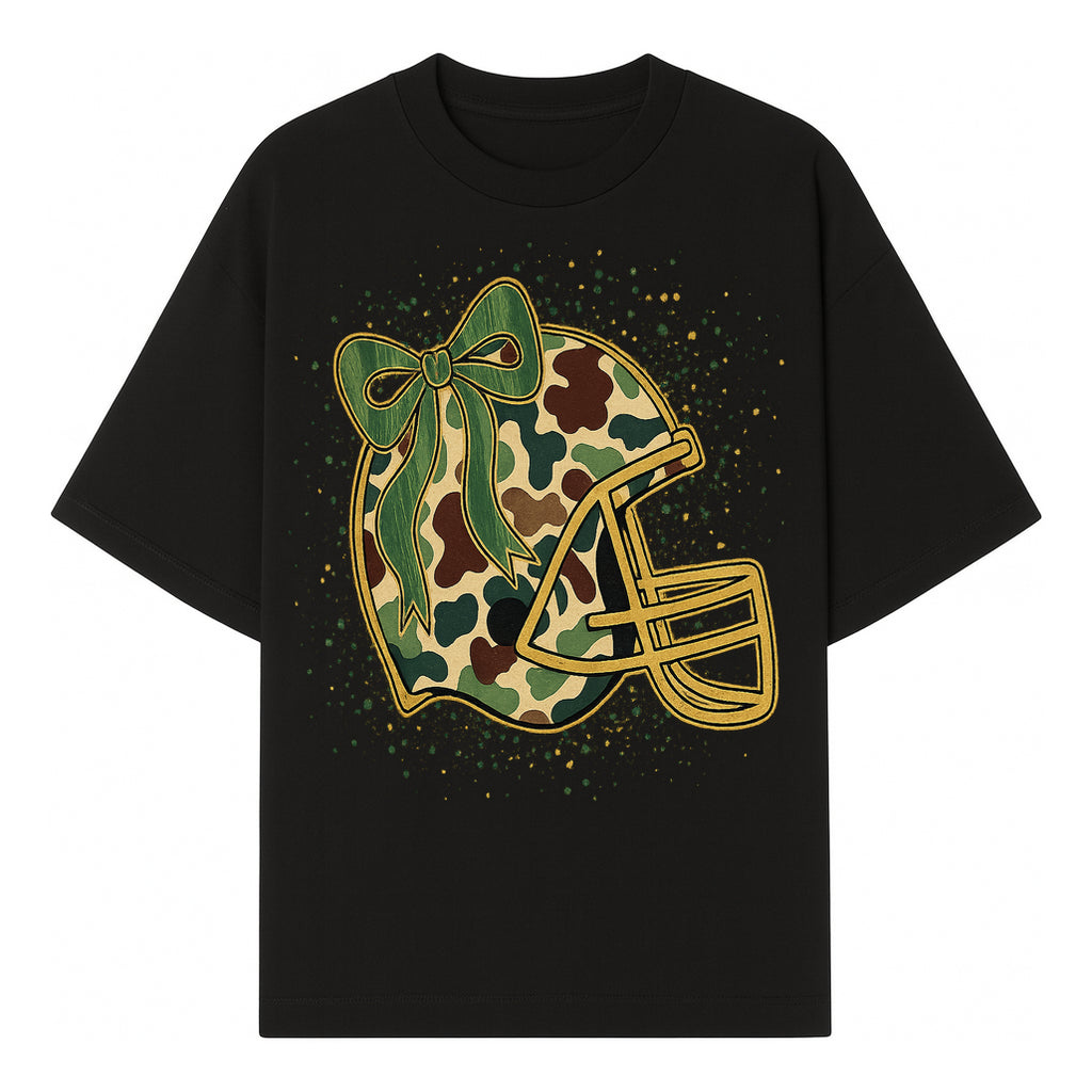 Camo Football Helmet with Bow Graphic Tee - Sports Apparel for Women, Cute Football Gift, Trendy Game Day Outfit - T-shirt 1758559977330.jpg