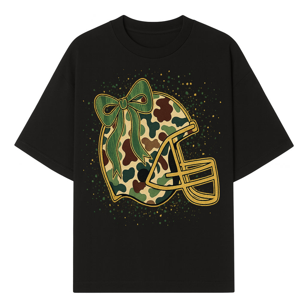 Camo Football Helmet with Bow Graphic Tee - Sports Apparel for Women, Cute Football Gift, Trendy Game Day Outfit - T-shirt 1758559977330.jpg