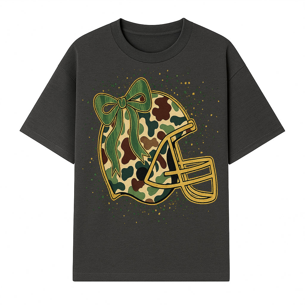 Camo Football Helmet with Bow Graphic Tee - Sports Apparel for Women, Cute Football Gift, Trendy Game Day Outfit - T-shirt 1758559977486.jpg