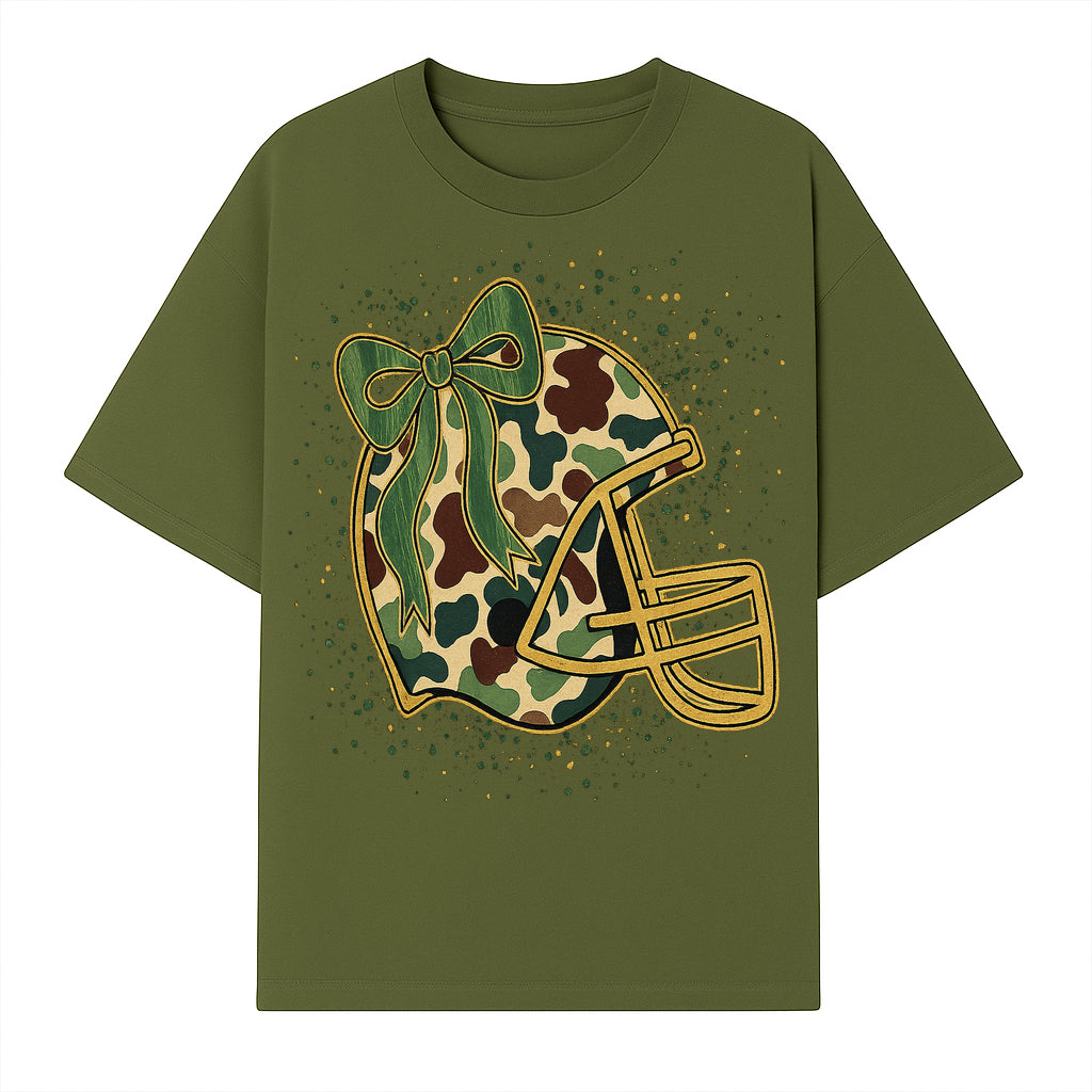 Camo Football Helmet with Bow Graphic Tee - Sports Apparel for Women, Cute Football Gift, Trendy Game Day Outfit - T-shirt 1758559977627.jpg