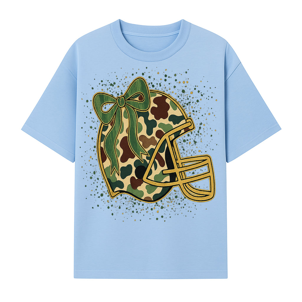 Camo Football Helmet with Bow Graphic Tee - Sports Apparel for Women, Cute Football Gift, Trendy Game Day Outfit - T-shirt 1758559977886.jpg