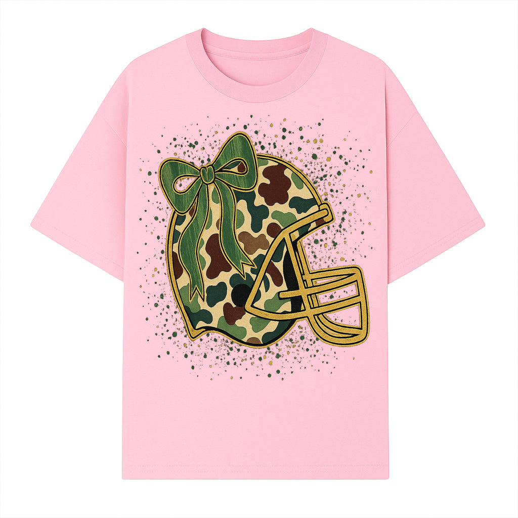 Camo Football Helmet with Bow Graphic Tee - Sports Apparel for Women, Cute Football Gift, Trendy Game Day Outfit - T-shirt 1758559978020.jpg