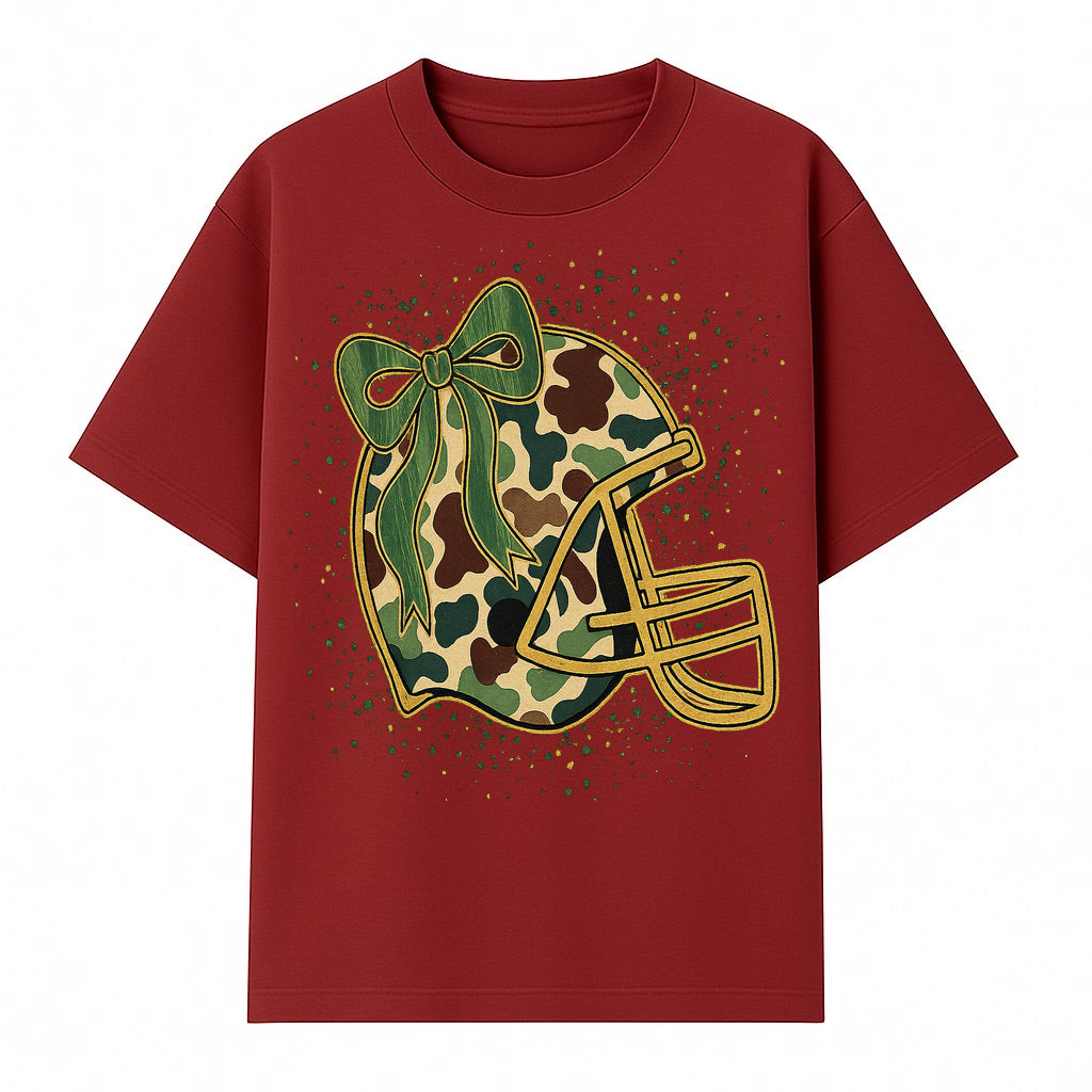 Camo Football Helmet with Bow Graphic Tee - Sports Apparel for Women, Cute Football Gift, Trendy Game Day Outfit - T-shirt 1758559978142.jpg