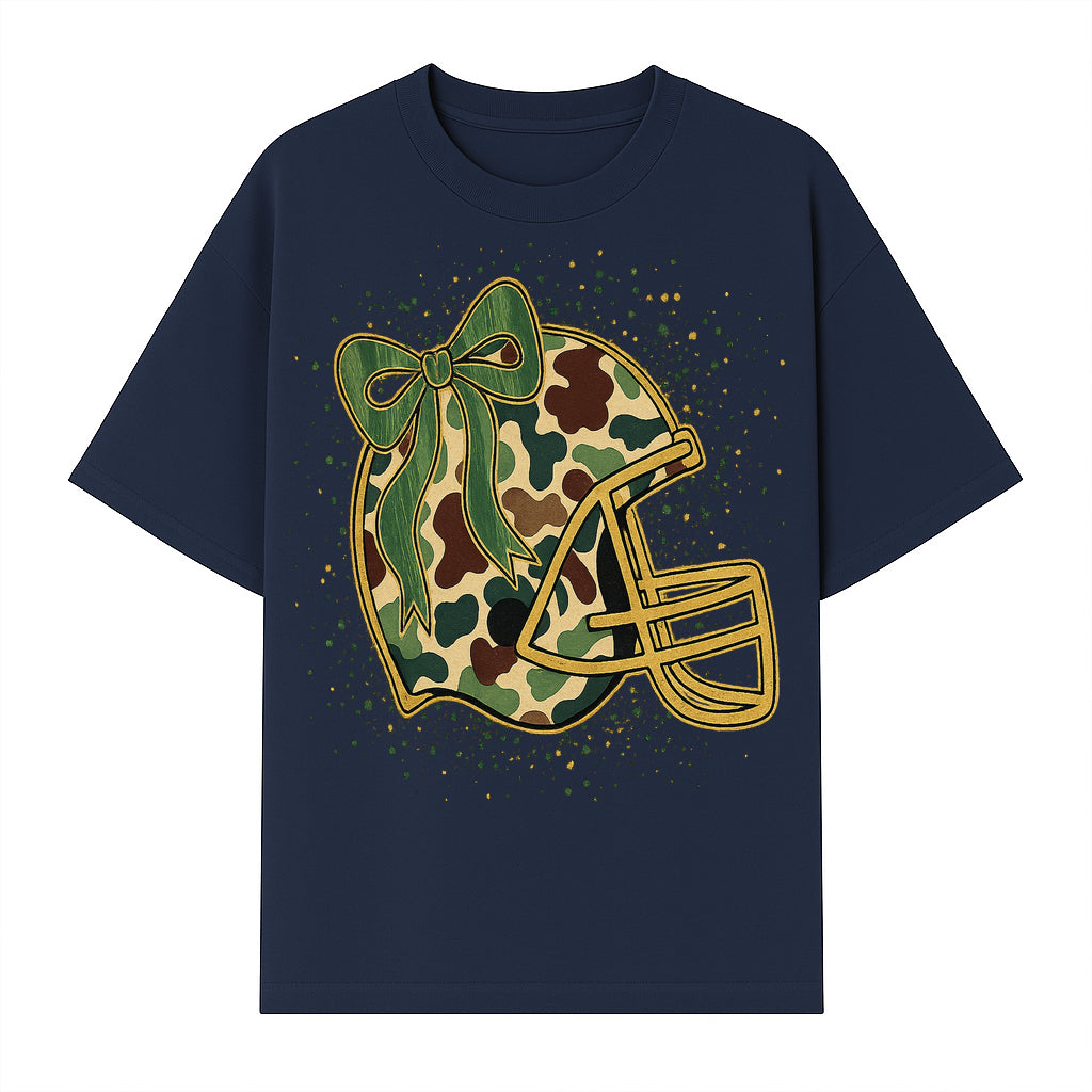 Camo Football Helmet with Bow Graphic Tee - Sports Apparel for Women, Cute Football Gift, Trendy Game Day Outfit - T-shirt 1758559978277.jpg