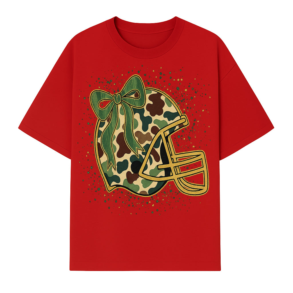 Camo Football Helmet with Bow Graphic Tee - Sports Apparel for Women, Cute Football Gift, Trendy Game Day Outfit - T-shirt 1758559978496.jpg