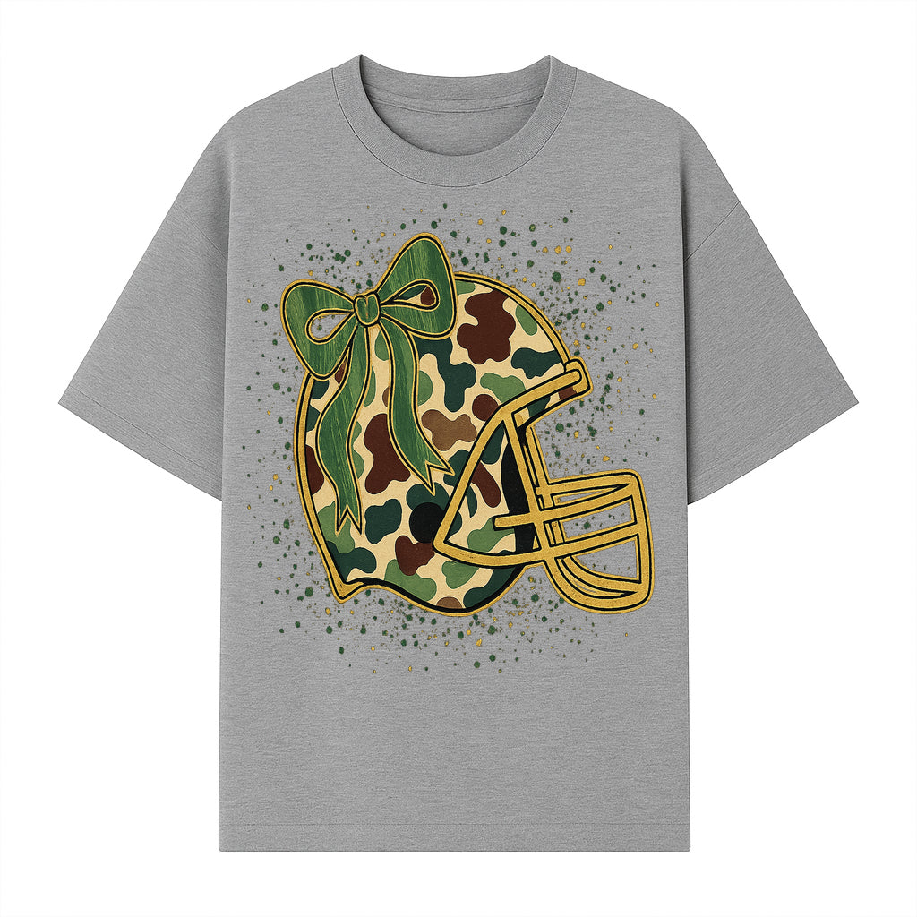 Camo Football Helmet with Bow Graphic Tee - Sports Apparel for Women, Cute Football Gift, Trendy Game Day Outfit - T-shirt 1758559978621.jpg