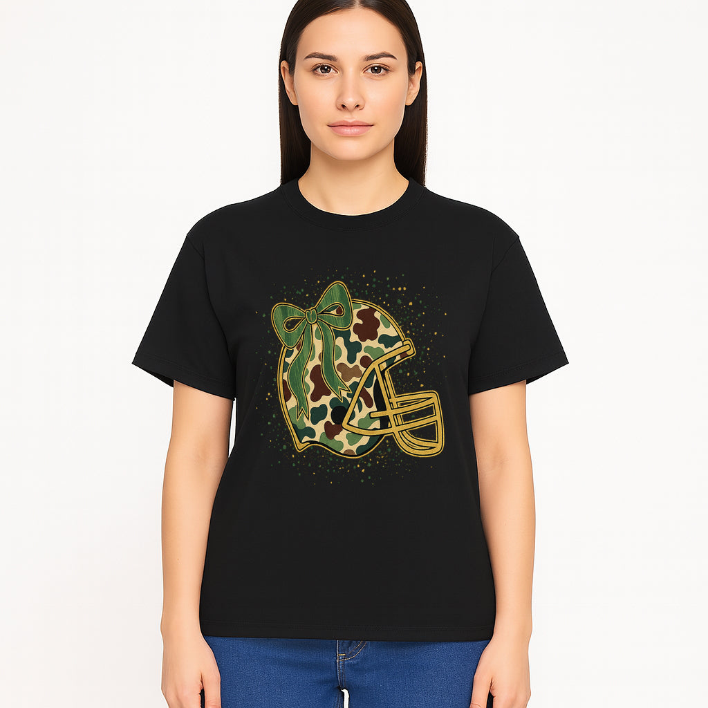 Camo Football Helmet with Bow Graphic Tee - Sports Apparel for Women, Cute Football Gift, Trendy Game Day Outfit - T-shirt 1758559980057.jpg