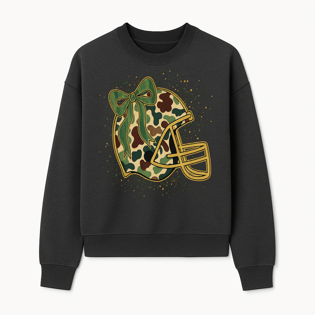 Camo Football Helmet with Bow Graphic Tee - Sports Apparel for Women, Cute Football Gift, Trendy Game Day Outfit - Sweatshirt 1758559980461.jpg